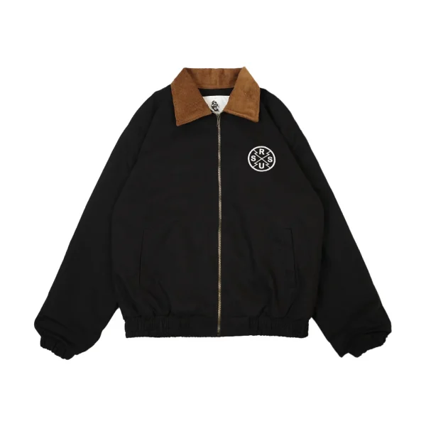 Jaket varsity hitam ginee dengan kerah coklat
