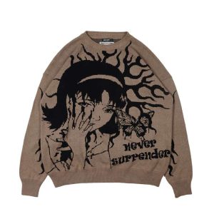 Sweater rajut motif seni wajah dan pohon warna beige