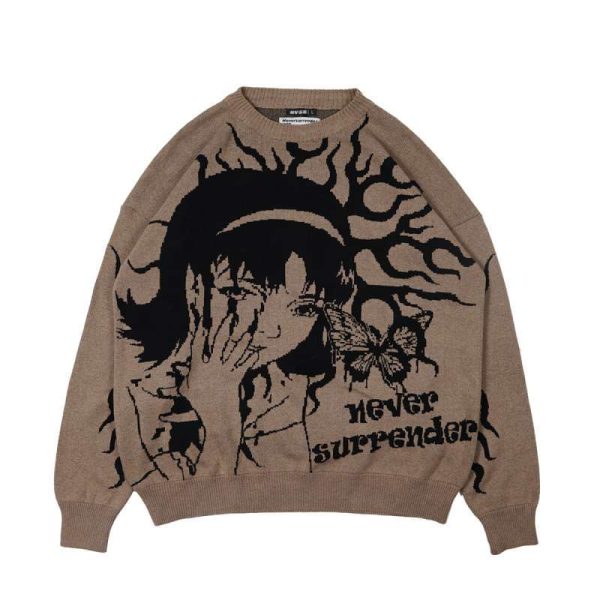 Sweater rajut motif seni wajah dan pohon warna beige